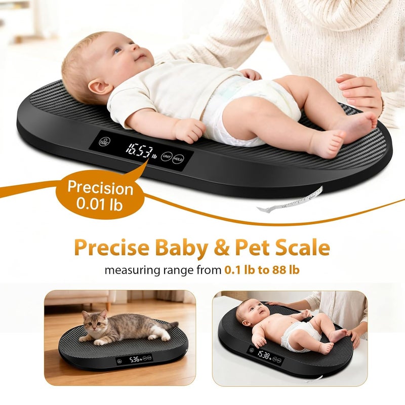 RAOYAN ميزان الأطفال، 88 رطل كحد أقصى / دقة 0.1 أونصة ميزان الأطفال للوزن مع وظيفة التثبيت التلقائي والوزن الصافي، شريط قياس مدمج بطول 60 بوصة، 5 وحدات وزن، ميزان وزن متعدد الوظائف للرضع، القطط، الجراء، الحيوانات الأليفة الصغيرة - Image 2
